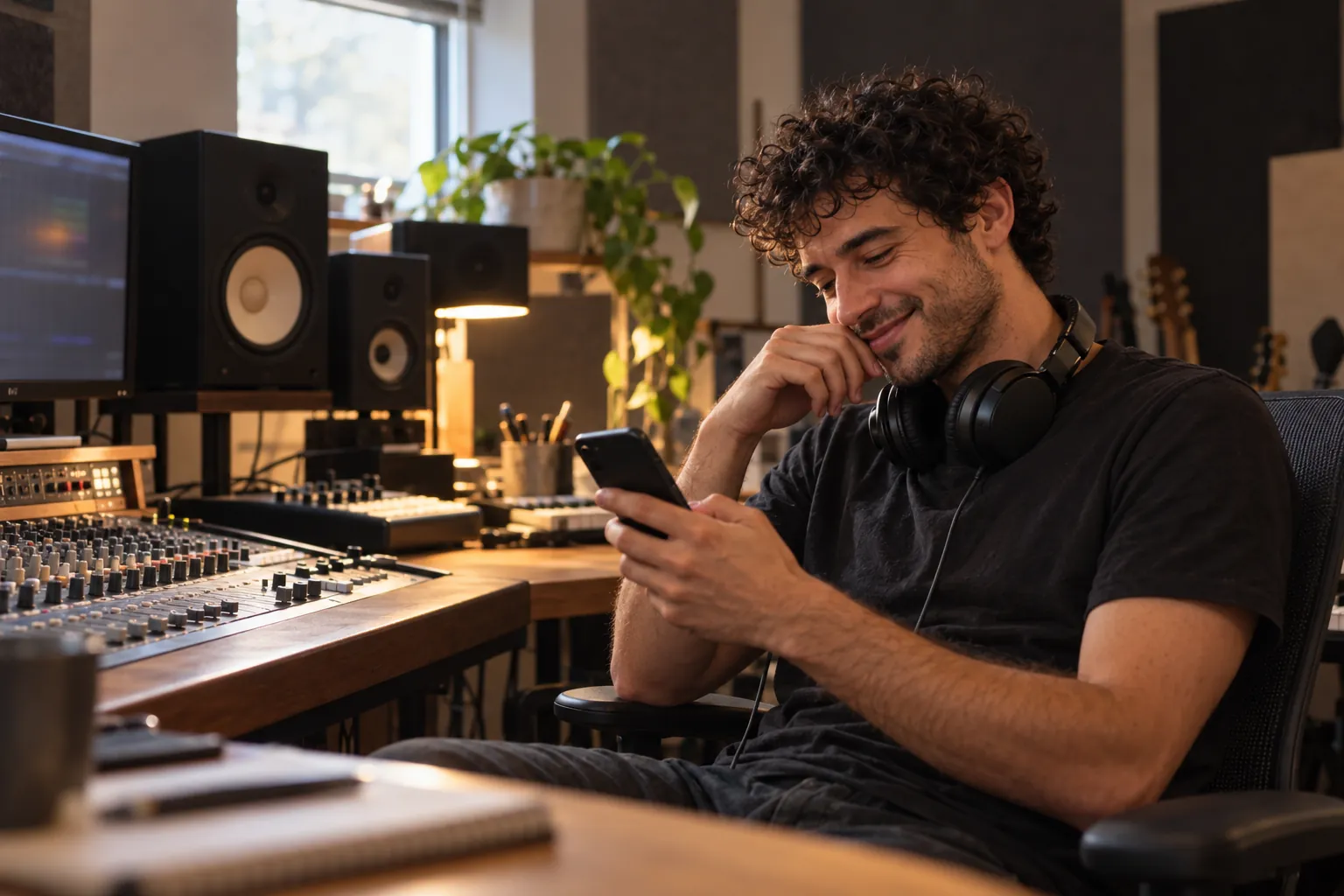 Chris sitzt im Tonstudio am Mischpult und schmunzelt über eine Nachricht auf seinem Handy