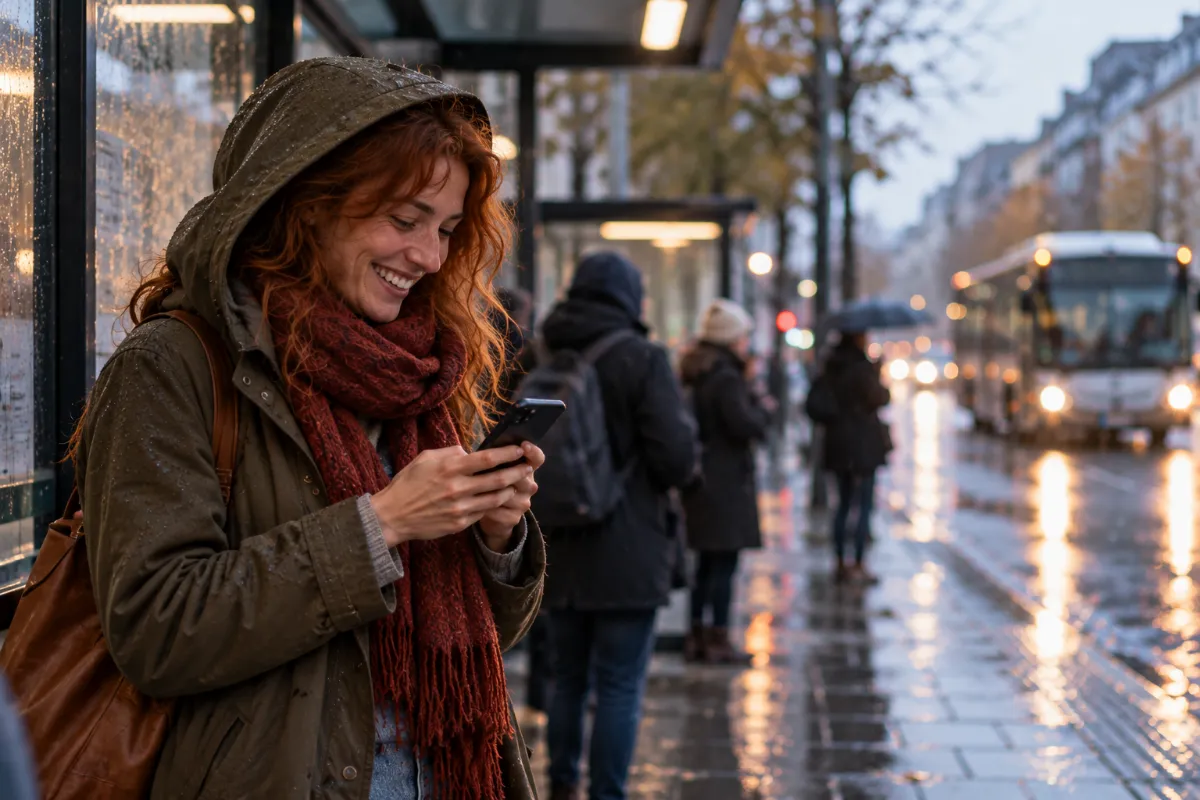 Nina lacht an einer verregneten Bushaltestelle über ihr Telefon