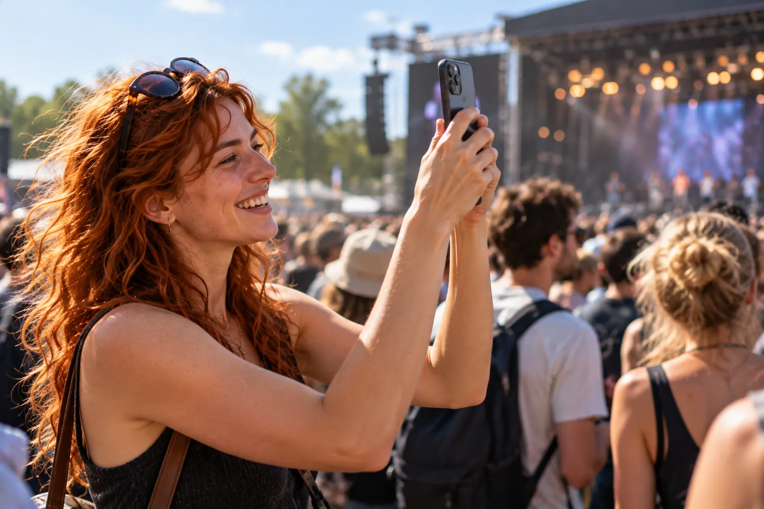 Nina filmt auf einem Festival die Bühne und strahlt