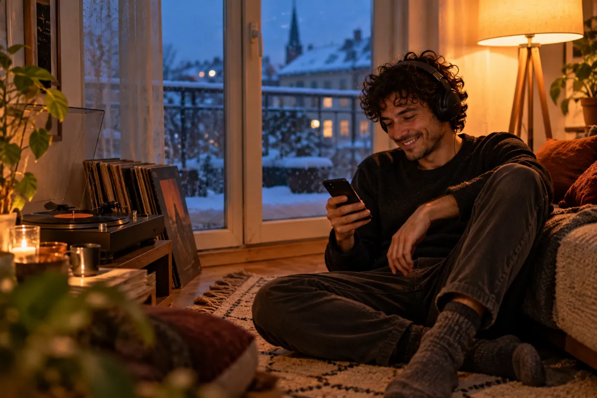 Chris sitzt an einem Winterabend mit Kopfhörern am Plattenspieler und grinst über sein Telefon