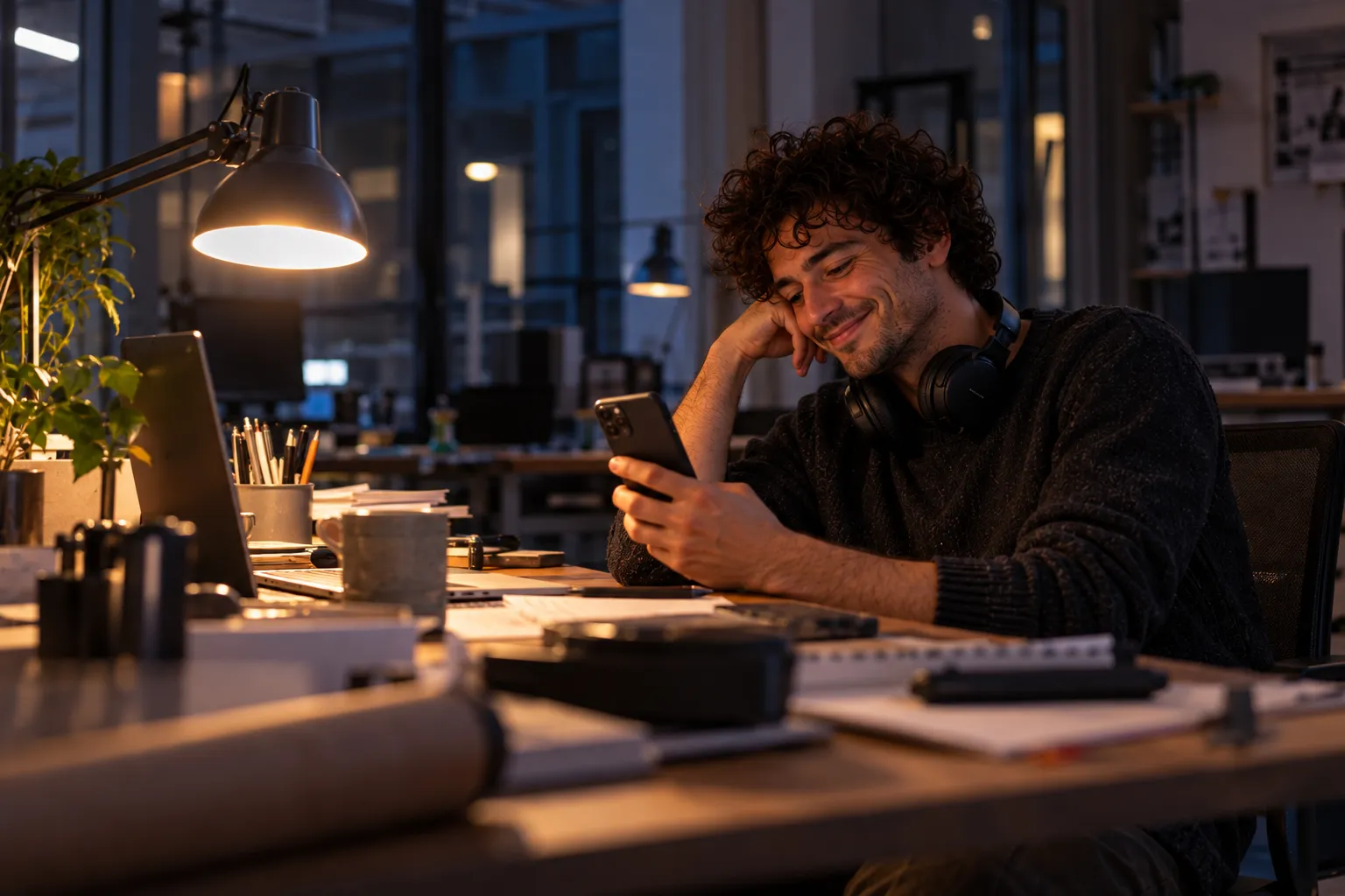 Chris sitzt spät abends im Büro und lächelt über sein Telefon