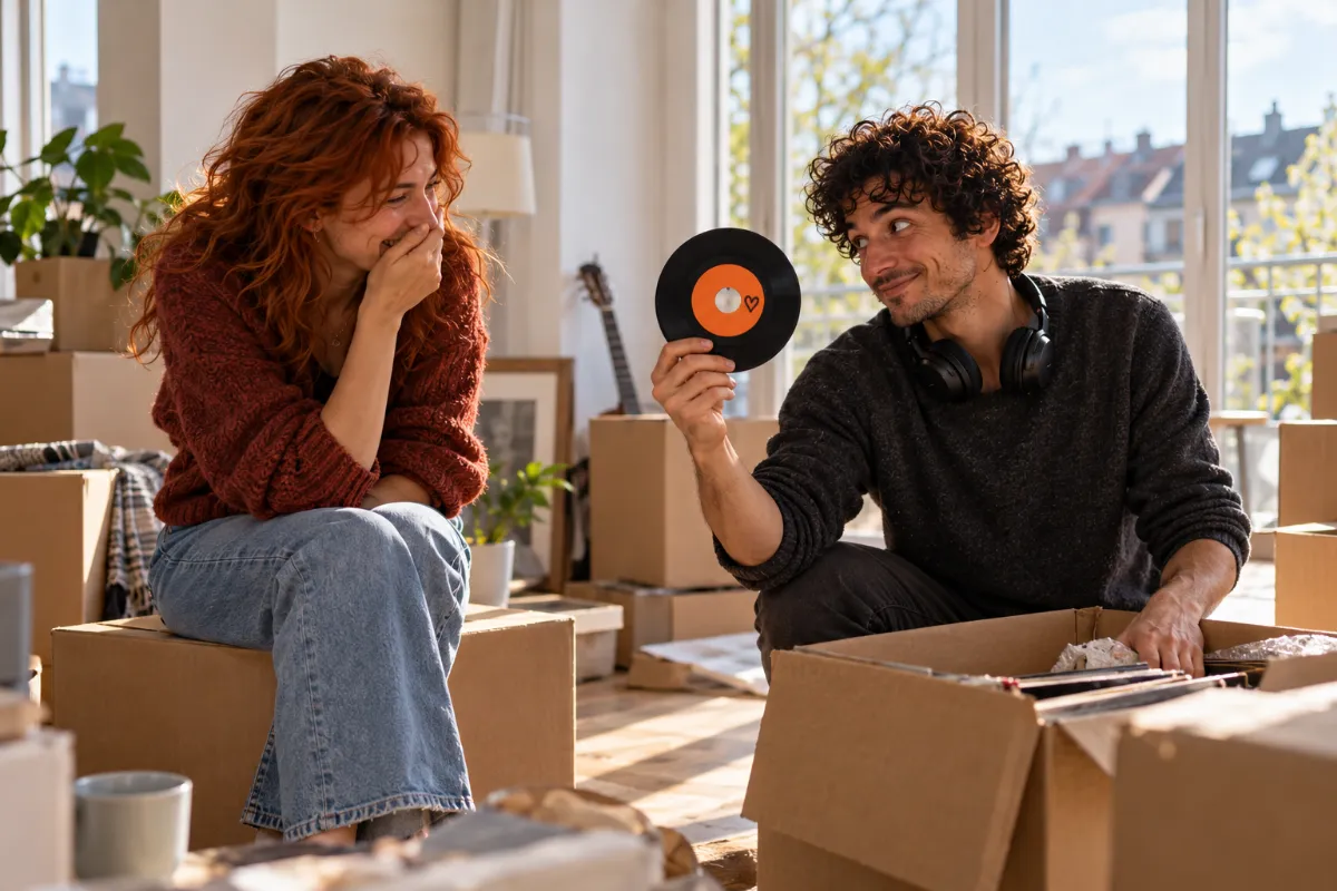 Beim Umzug hält Chris eine kleine orange Single hoch, Nina lacht hinter vorgehaltener Hand