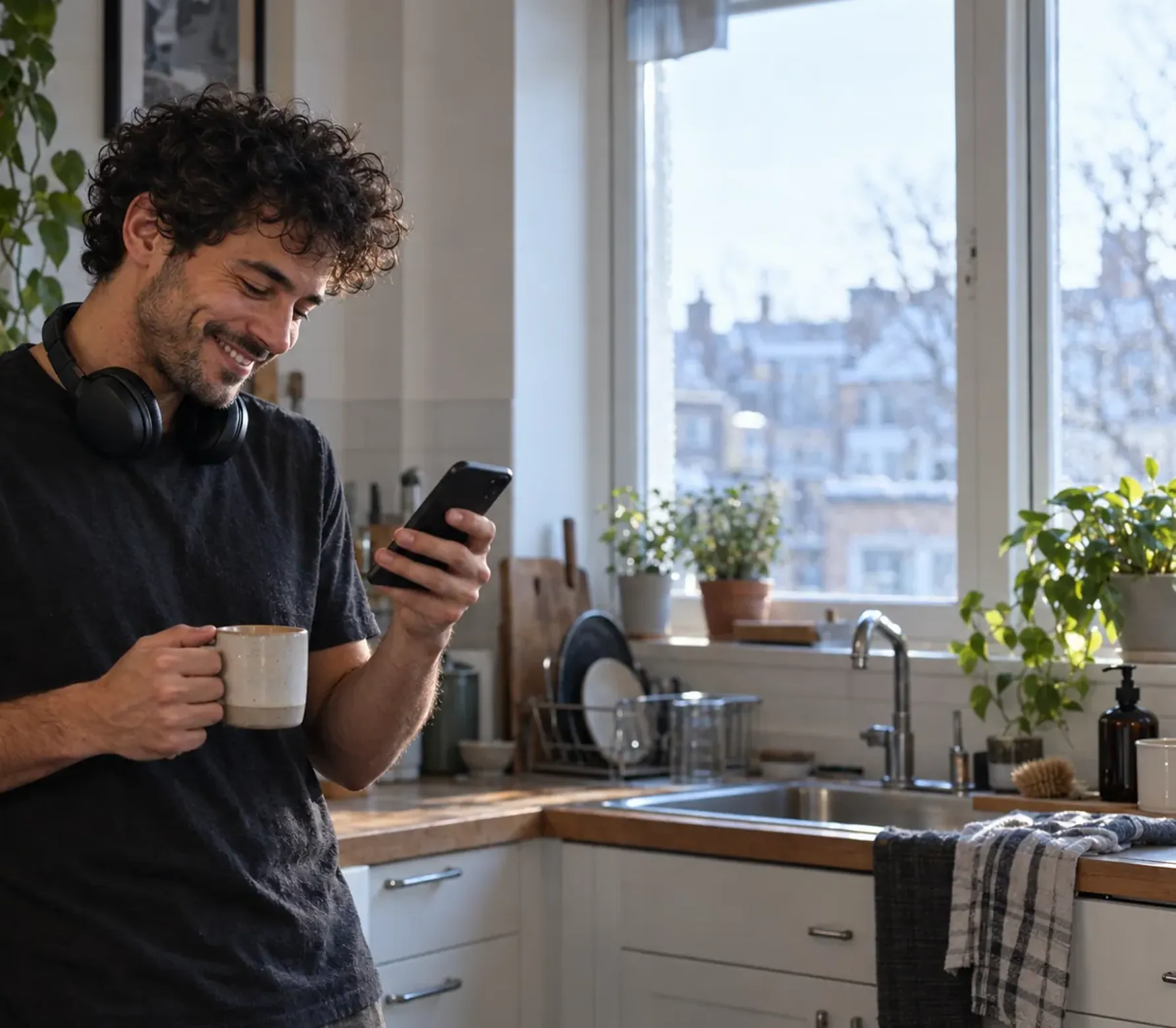 Chris lehnt morgens mit Kaffeebecher und Kopfhörern um den Hals in seiner Küche und grinst über sein Telefon