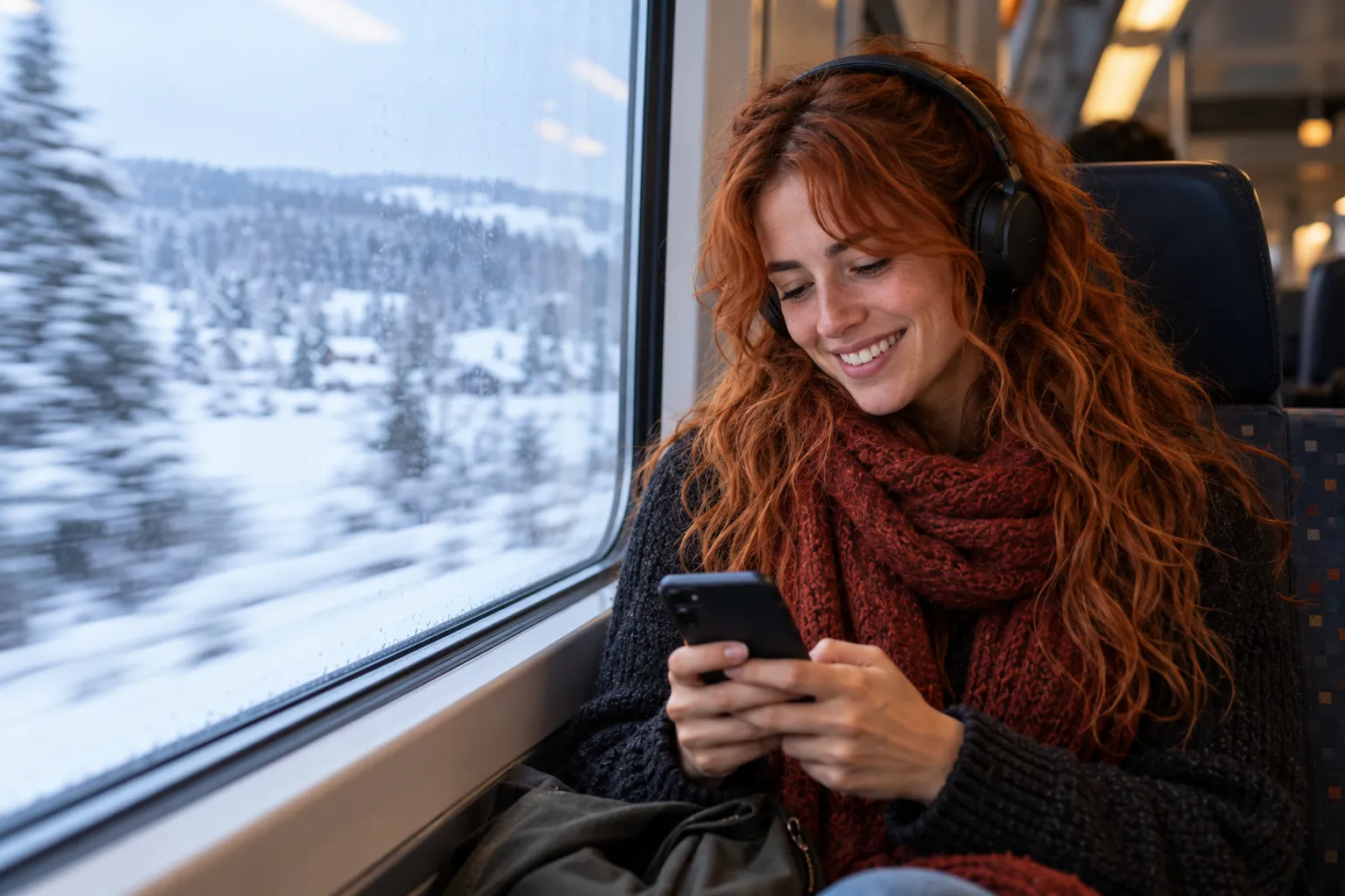 Nina sitzt im Winter mit Kopfhörern am Zugfenster und lächelt über ihr Telefon