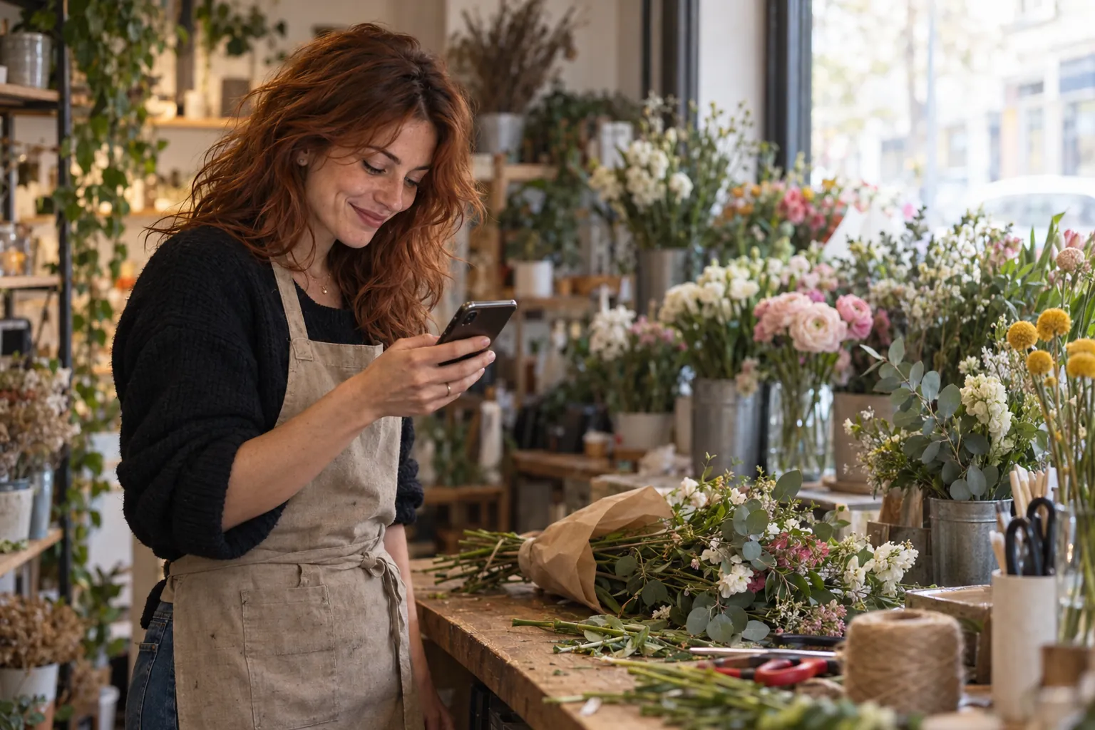 Nina steht mit Schürze in ihrem Blumenladen und lächelt über eine Nachricht auf ihrem Handy