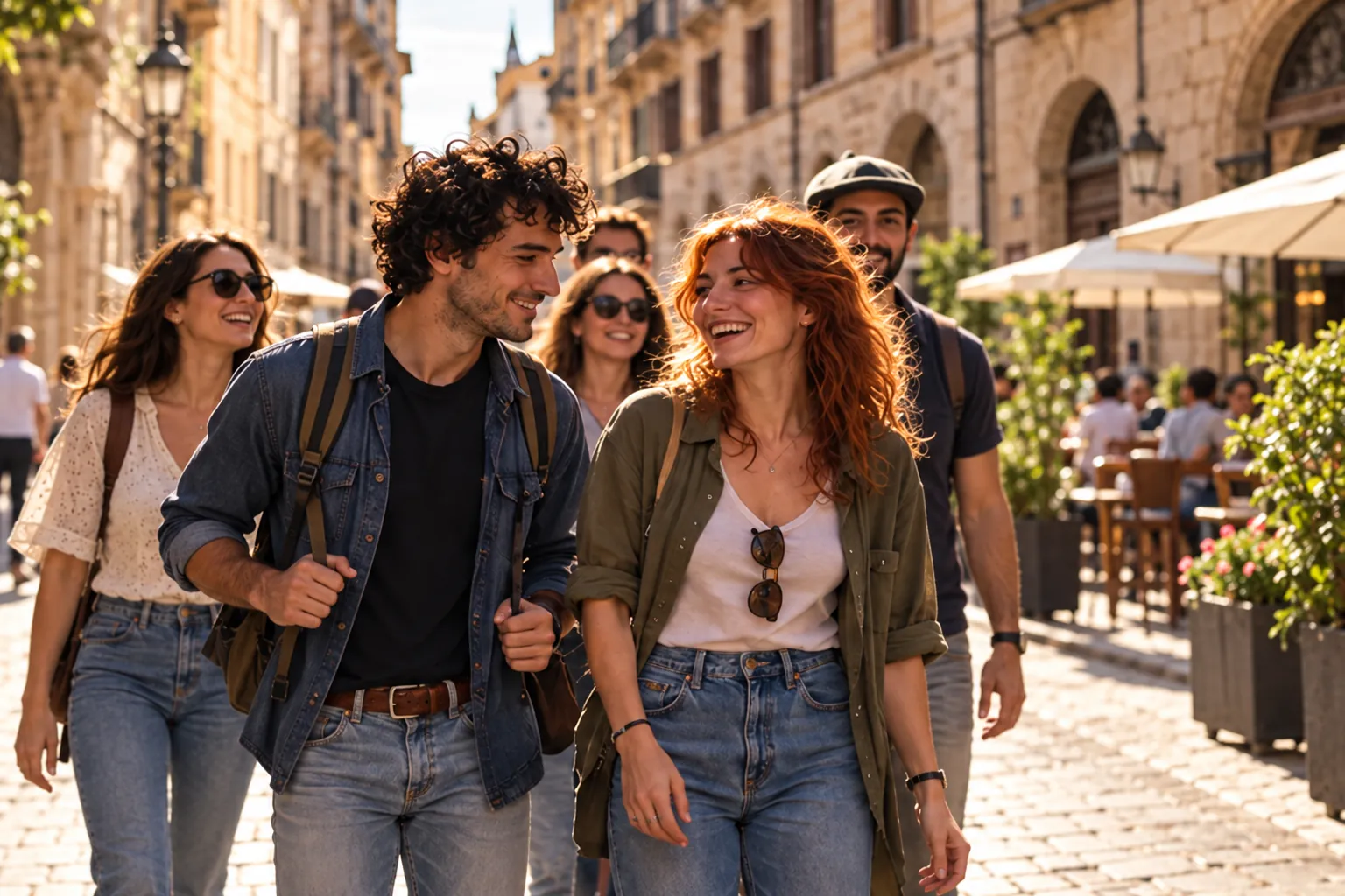 Nina und Chris schlendern lachend mit Freunden durch eine sonnige Altstadt