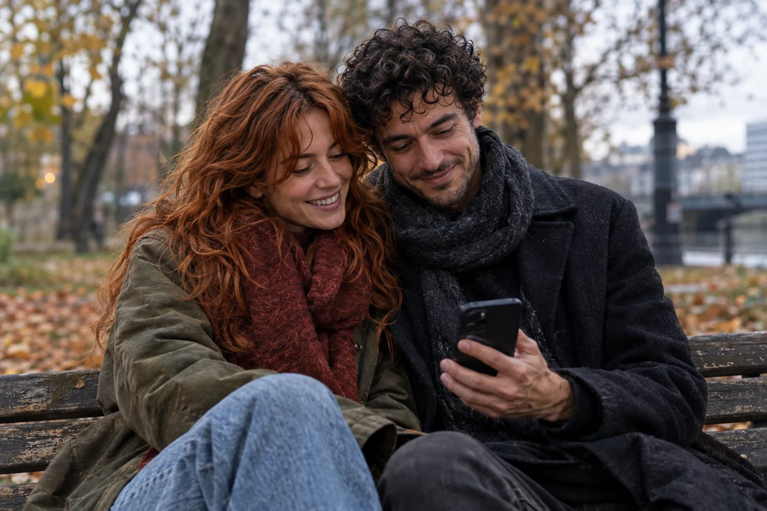 Nina und Chris sitzen Jahre später auf einer Parkbank im Herbst und schauen lächelnd gemeinsam auf ein Telefon