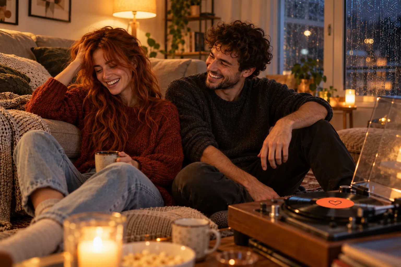 Nina und Chris sitzen an einem Regenabend lachend vor dem Sofa, auf dem Plattenspieler läuft die orange Single