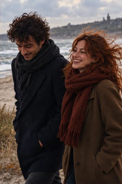 Nina und Chris gehen zusammen am Strand spazieren und lachen