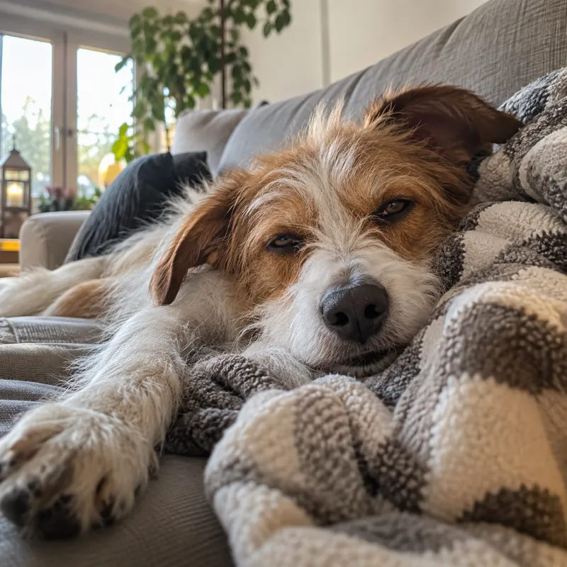 Ein erschöpfter Hund auf dem Sofa