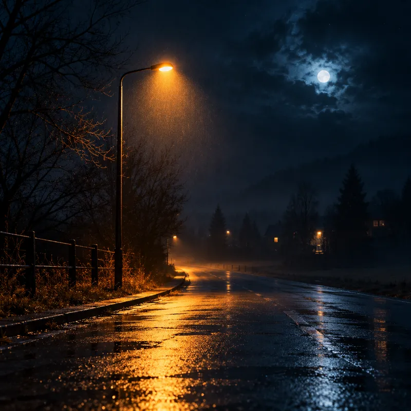 Albumcover: eine Straßenlaterne in einer verregneten Nacht