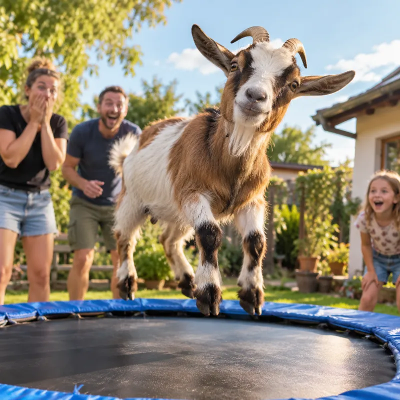 Eine Ziege springt auf einem Trampolin