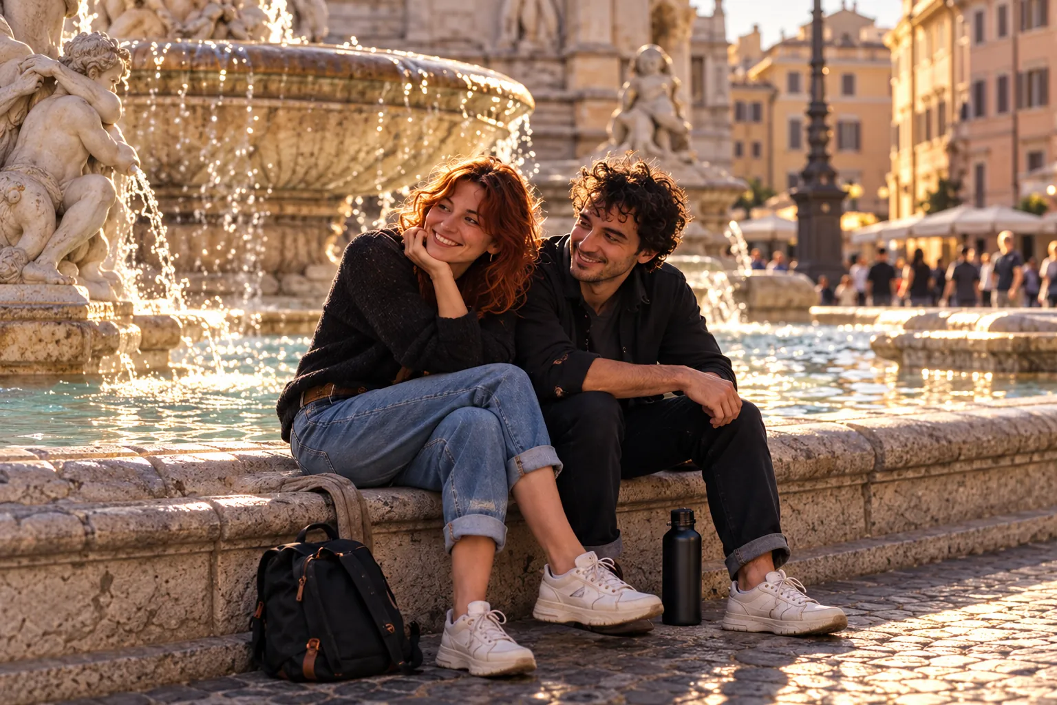 Zwei Freunde sitzen zusammen an einem Brunnen.